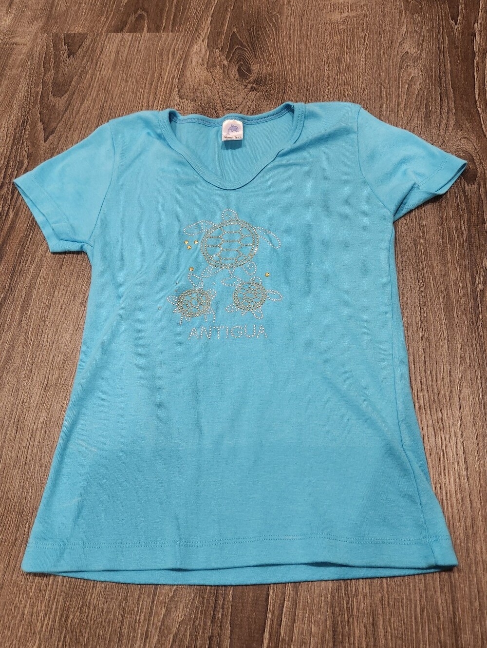 Y2K Antigua Turquoise Blue Turtle Rhinestone T‑Shirt